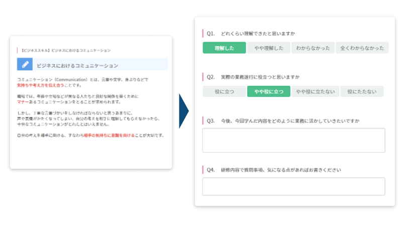 e-ラーニング機能で社員のスキル向上を図りテストを通じて理解度を確実に把握